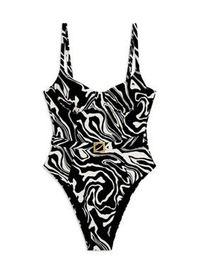 WeWoreWhat Black & White Swirl One-Piece With Removable Belt